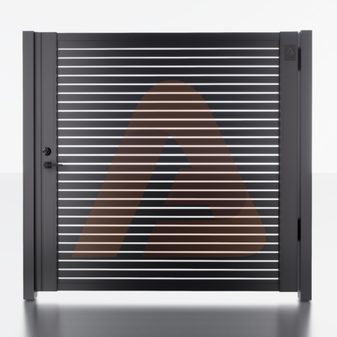 Alu Fence Logo Alu 20 6' x 6' Universal DIY Pedestrian Gate Render (Black) (2) | Aluminum Gate Kit Alu20 SLAT Universal DIY 6' x 6' Horizontal | Aluglobusfence.com