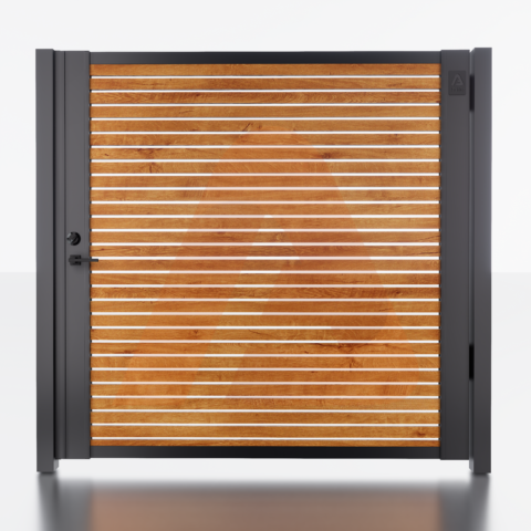 Alu Fence Logo Alu 20 6' x 6' Universal DIY Pedestrian Gate Render (Woodgrain) (2) (1) | Aluminum Gate Kit Alu20 SLAT Universal DIY 6' x 6' Horizontal | Aluglobusfence.com