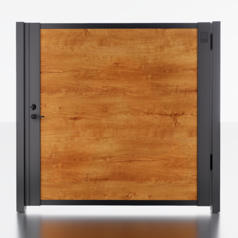 Alu Fence Logo Alu 60 6' x 6' Universal DIY Pedestrian Gate Render (Woodgrain) | Aluminum Gate Kit ALU60 T&G Universal DIY 4' x 6' | Aluglobusfence.com