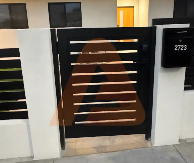 ALU 20 black slat pedestrian gate installed by Aluglobus Aluminum Systems