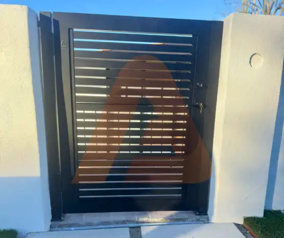 ALU 20 black slat pedestrian gate installed by Aluglobus Aluminum Systems