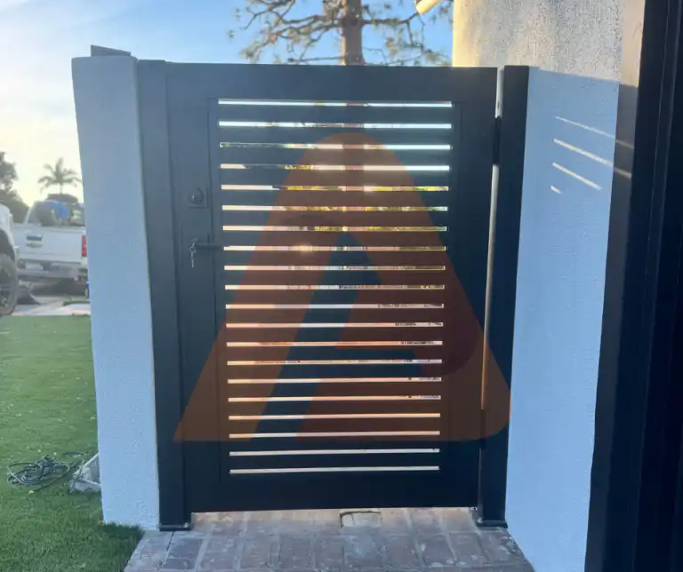 ALU 20 black slat pedestrian gate installed by Aluglobus Aluminum Systems
