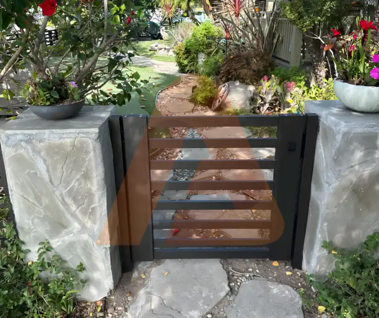 ALU 20 black slat pedestrian gate installed by Aluglobus Aluminum Systems