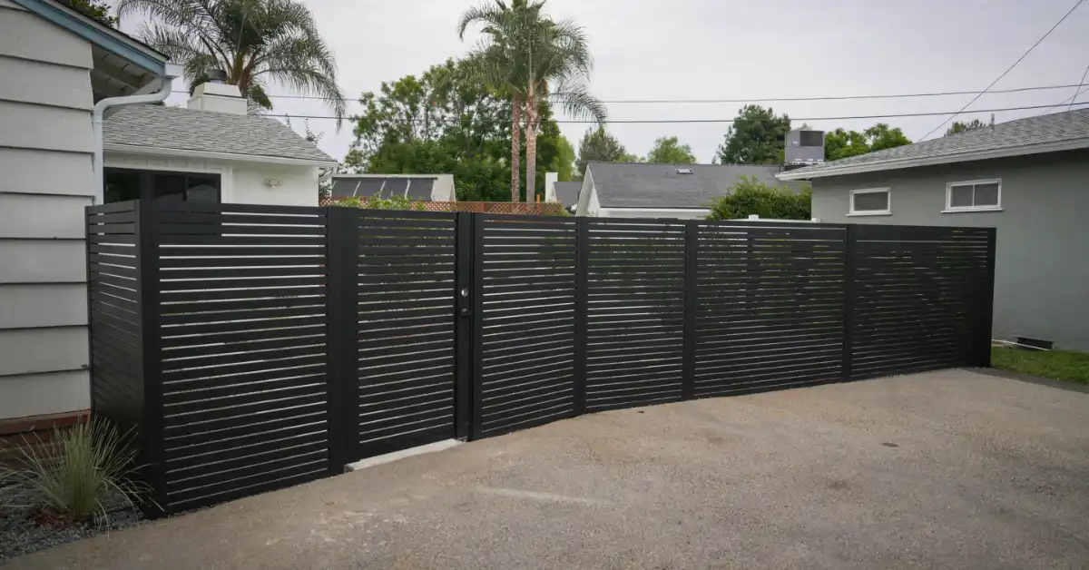 Modern black horizontal slat aluminum fence