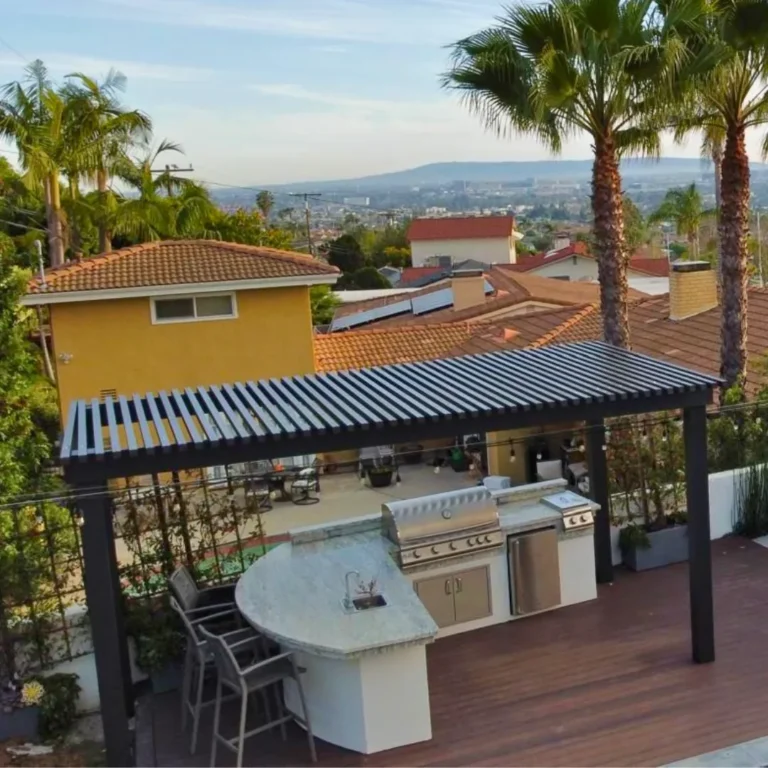 Aluminum slat roof patio cover installed by Aluglobus Aluminum Systems