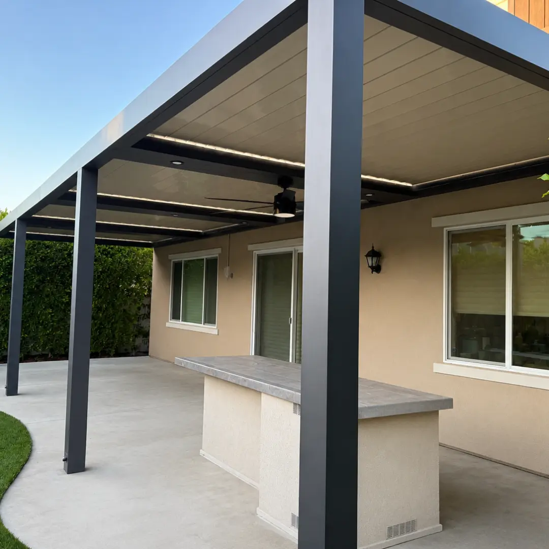 Square aluminum support posts on an installed patio cover