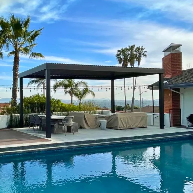 Aluminum slat roof patio cover installed by Aluglobus Aluminum Systems