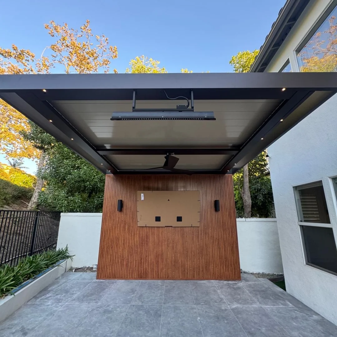Luxury aluminum patio with glazing and an entertainment-ready media wall