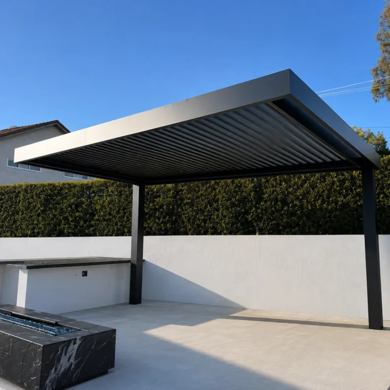 Cantilever slat roof patio cover installed by Aluglobus Aluminum Systems