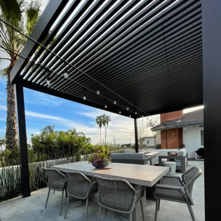 Aluminum slat roof patio cover installed by Aluglobus Aluminum Systems