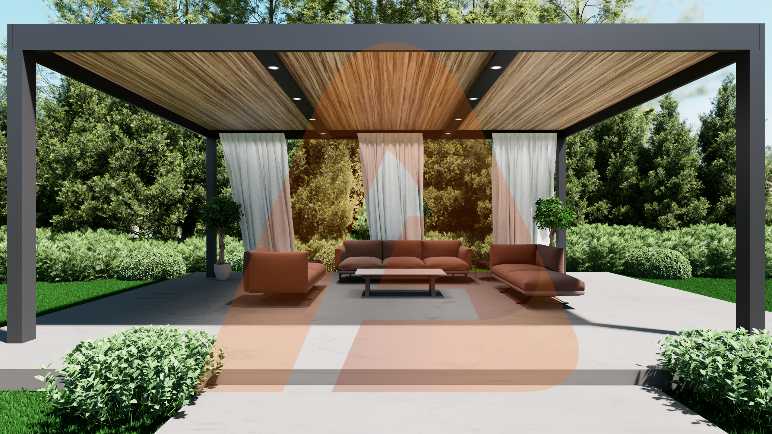 Insulated wood grain roof panel pergola