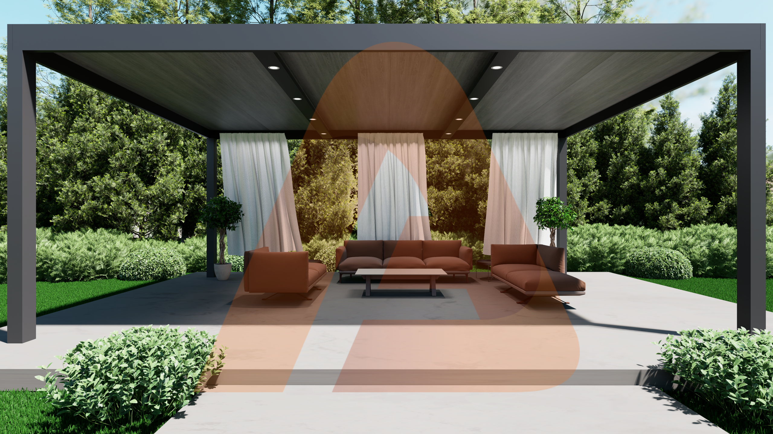 Engineered insulated roof wood grain pergola