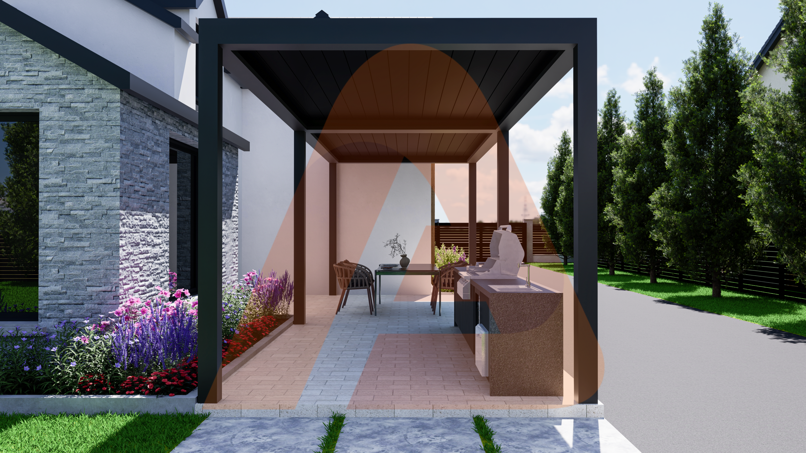 Automatic louver patio cover lifestyle view closed