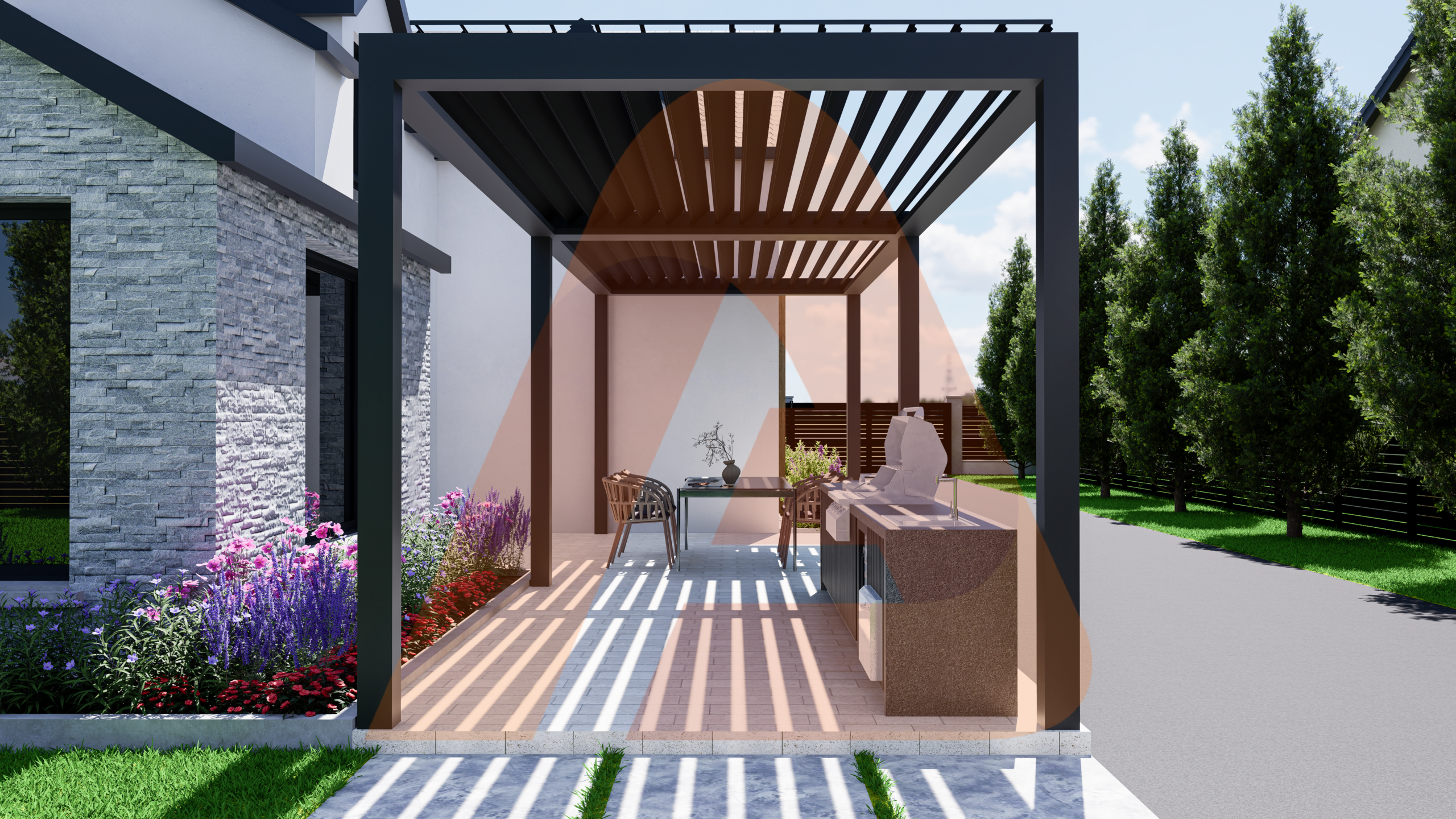 Automatic louver patio cover lifestyle view open