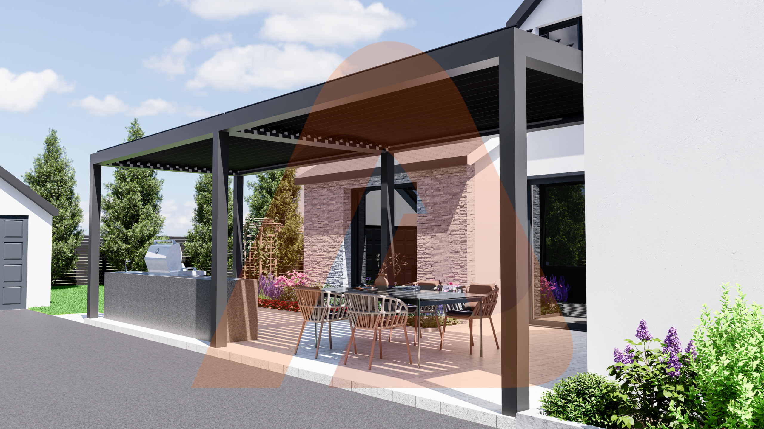 Automatic louver patio cover perspective open view