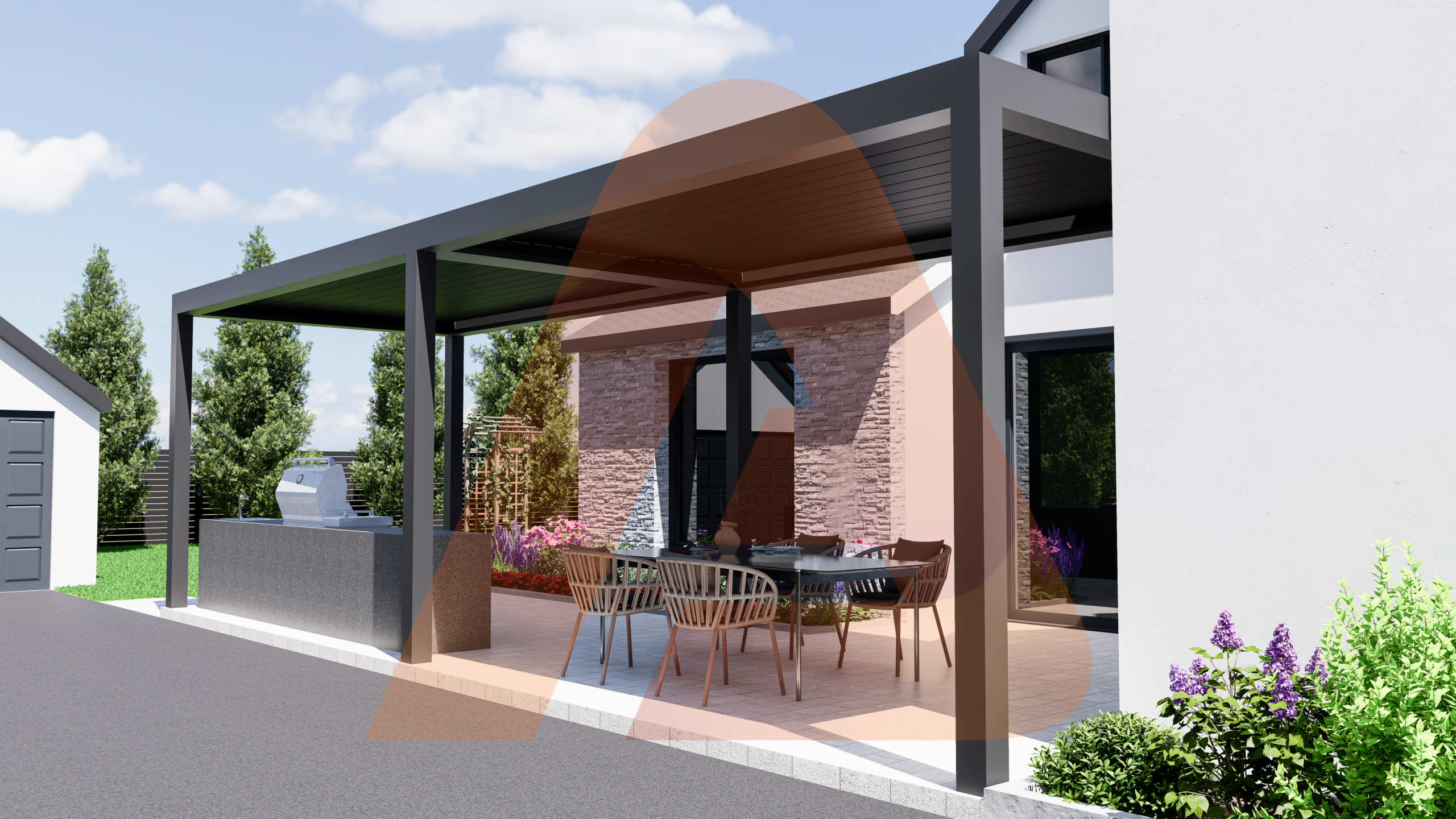 Automatic louver patio cover perspective closed view