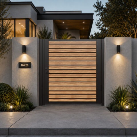 Alu 40 DIY Pedestrian Gate 6x6 ft Walnut (With Background)