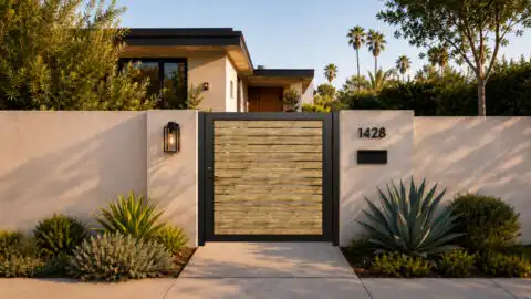 Alu 40 6x6 HD Pedestrian Gate 3D Single Swing SKP Wood like Ipe (Horizontal)