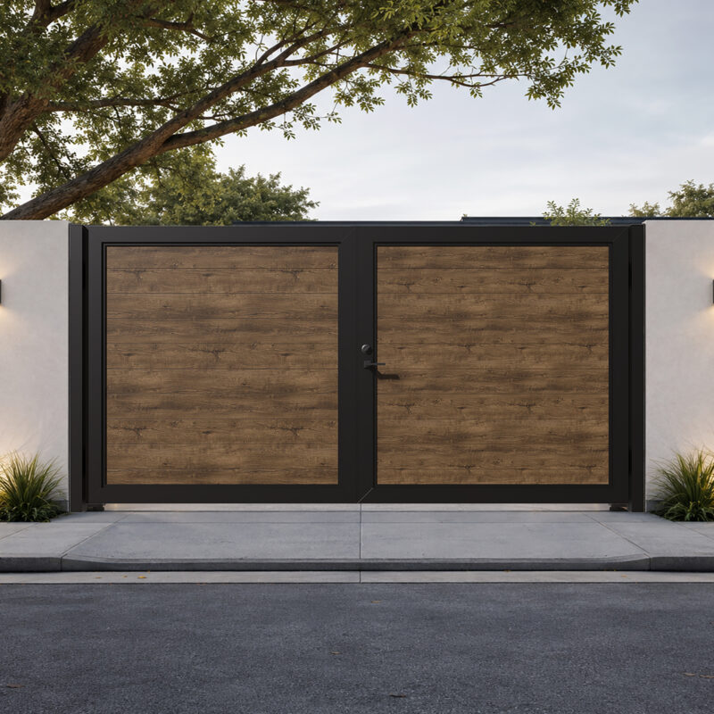 ALU50-60 T&G woodgrain 12 by 6 heavy-duty double swing aluminum gate in Ipe finish
