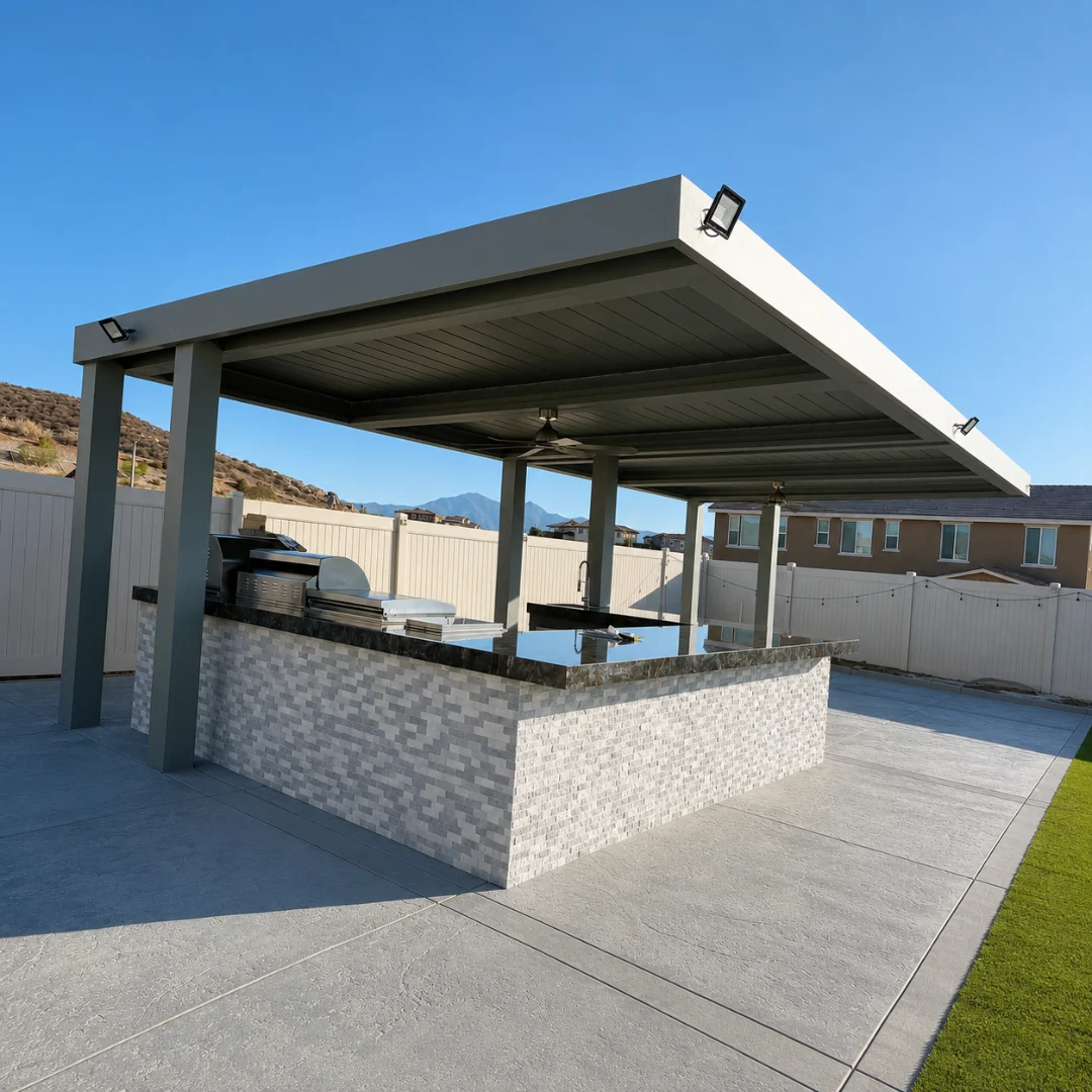 Large custom aluminum patio cover with a solid insulated roof, recessed lighting, and ceiling fans