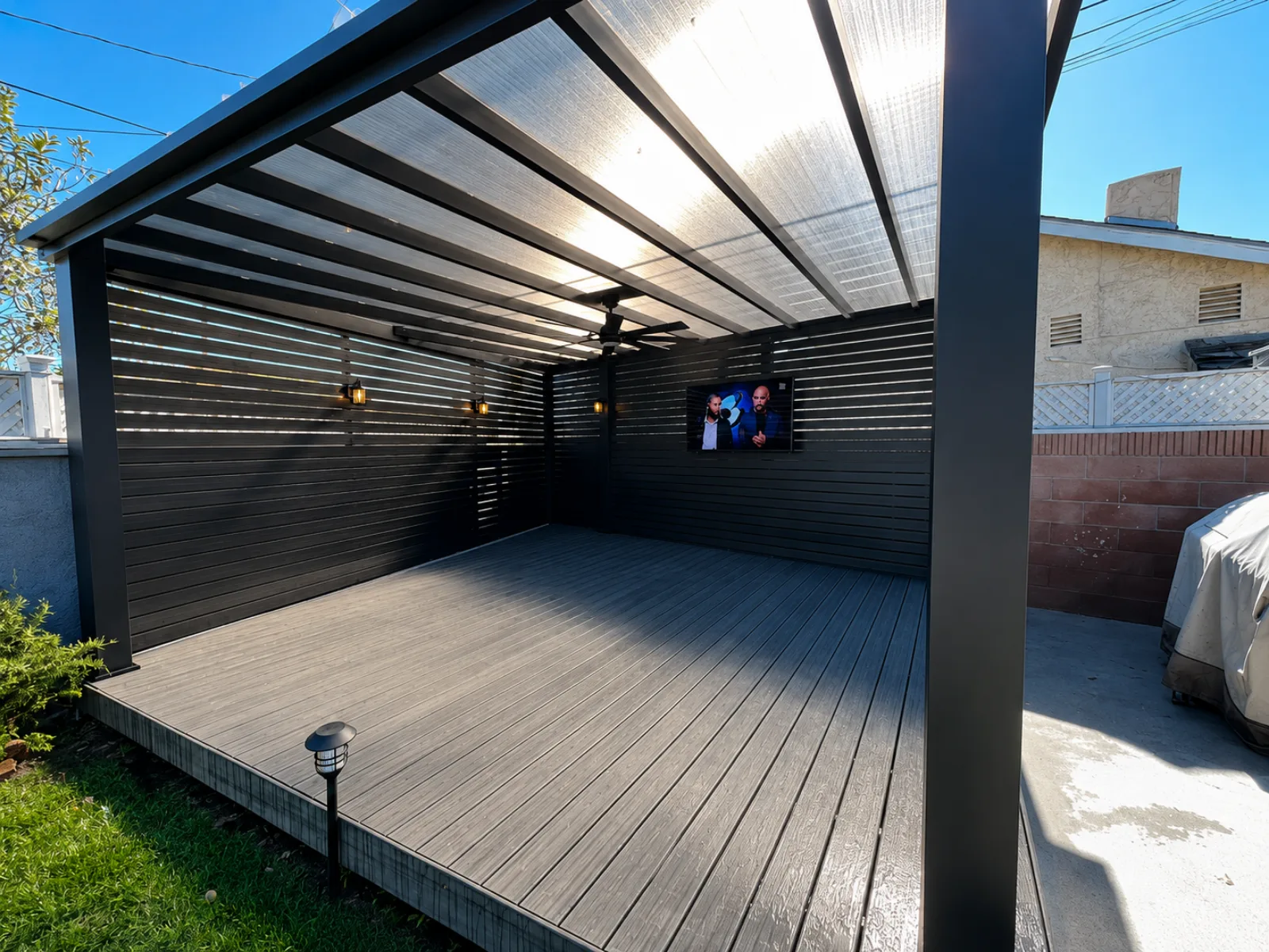 Installed aluminum beam roof pergola covering a residential patio