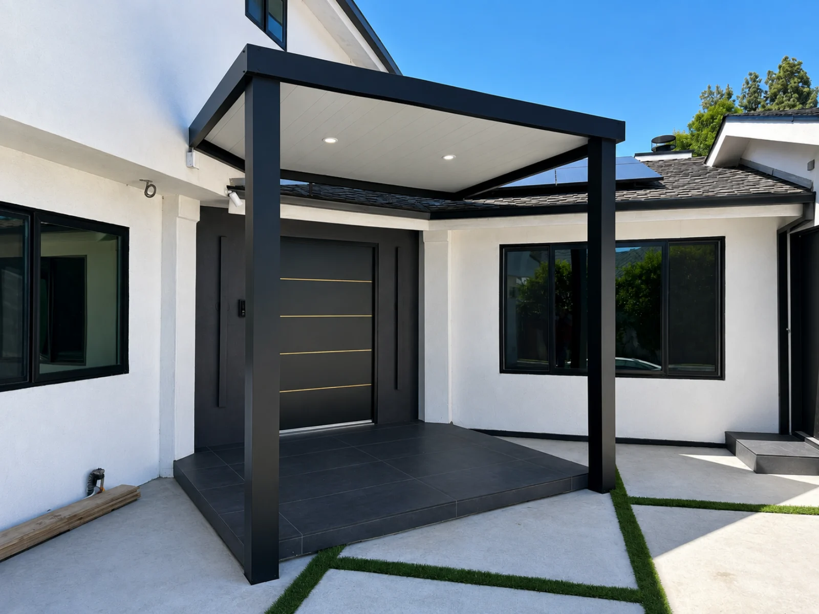 Black aluminum entry patio cover with a white insulated roof and recessed ceiling lights