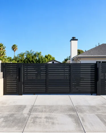 Matching Alu40 black horizontal aluminum pedestrian swing gate with modern security latch handle.