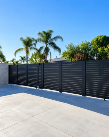 Complete Alu40 perimeter security installation featuring horizontal fence panels, sliding gate, and walkway door.