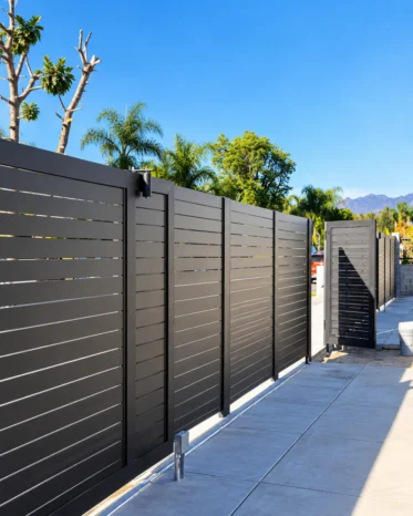 Modern Alu40 black aluminum horizontal slat privacy fence installed along residential perimeter in Miami Florida.
