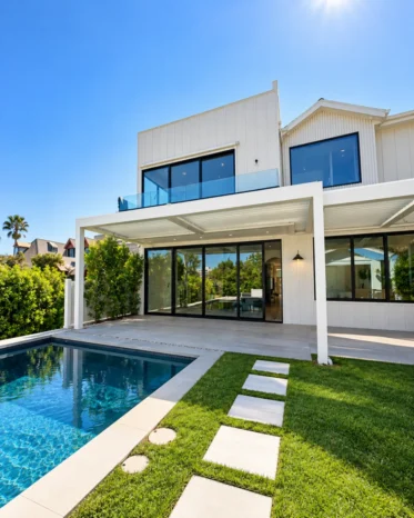 Architectural wall-attached louvered patio system shading concrete backyard patio and glass sliding doors.