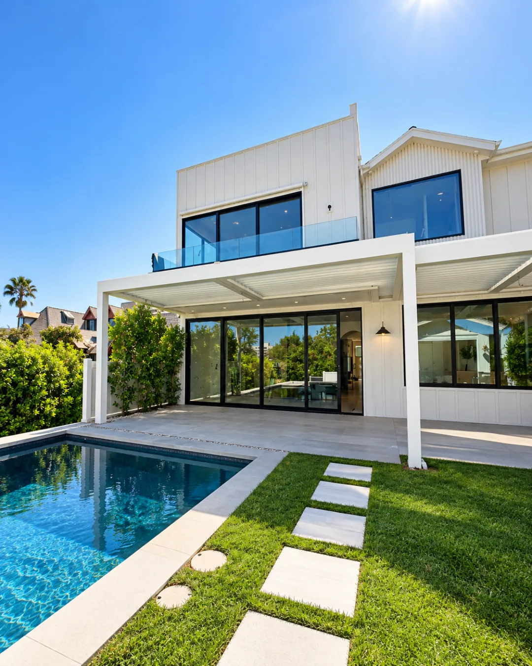Architectural wall-attached louvered patio system shading concrete backyard patio and glass sliding doors.