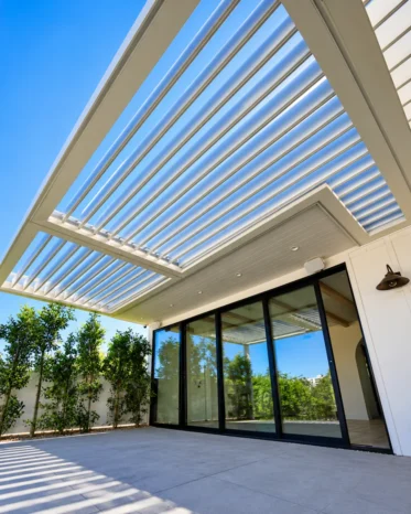 Angle view of custom automated aluminum louver patio system installed on a modern Los Angeles home.