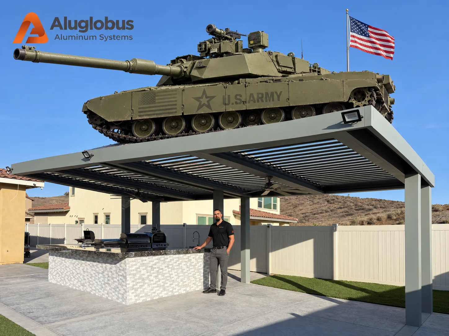 Aluglobus automatic louver patio structure supporting heavy load test