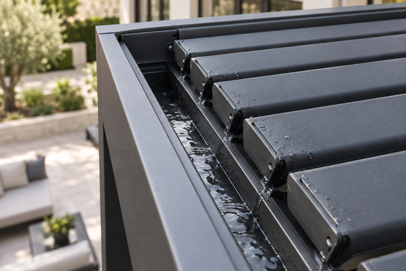 Illustrative detail of an integrated pergola gutter collecting water from louver blades