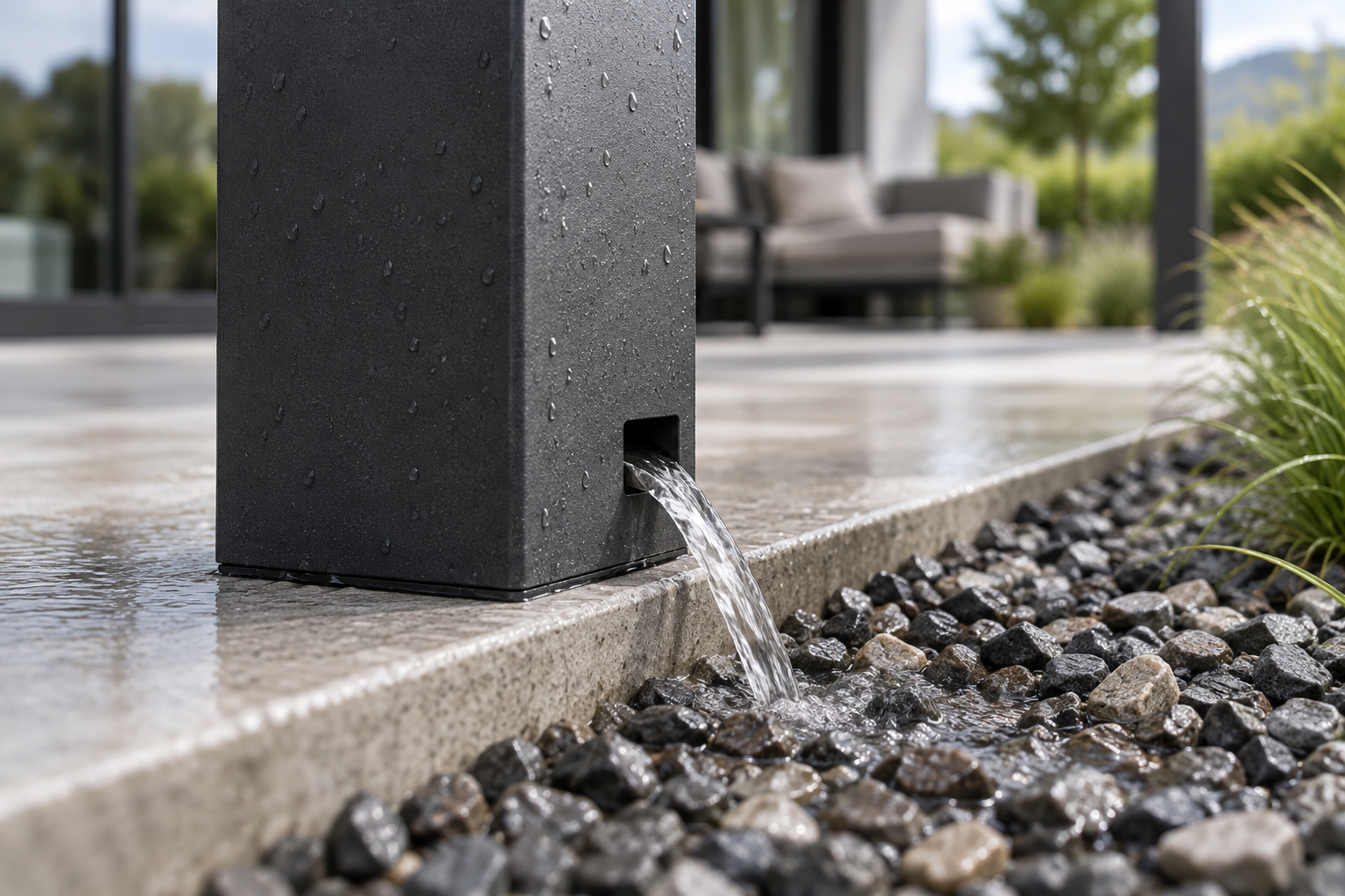 Illustrative detail of rainwater draining through an outlet at the base of a pergola post