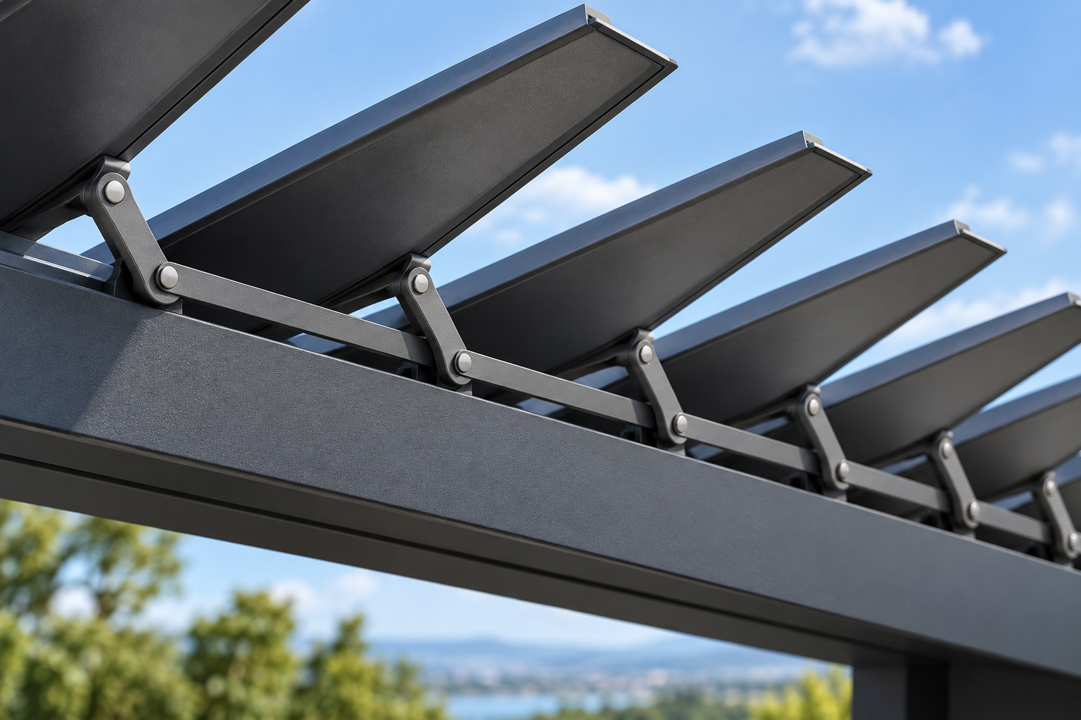 Illustrative close-up of a linkage bar connecting adjustable pergola louver blades