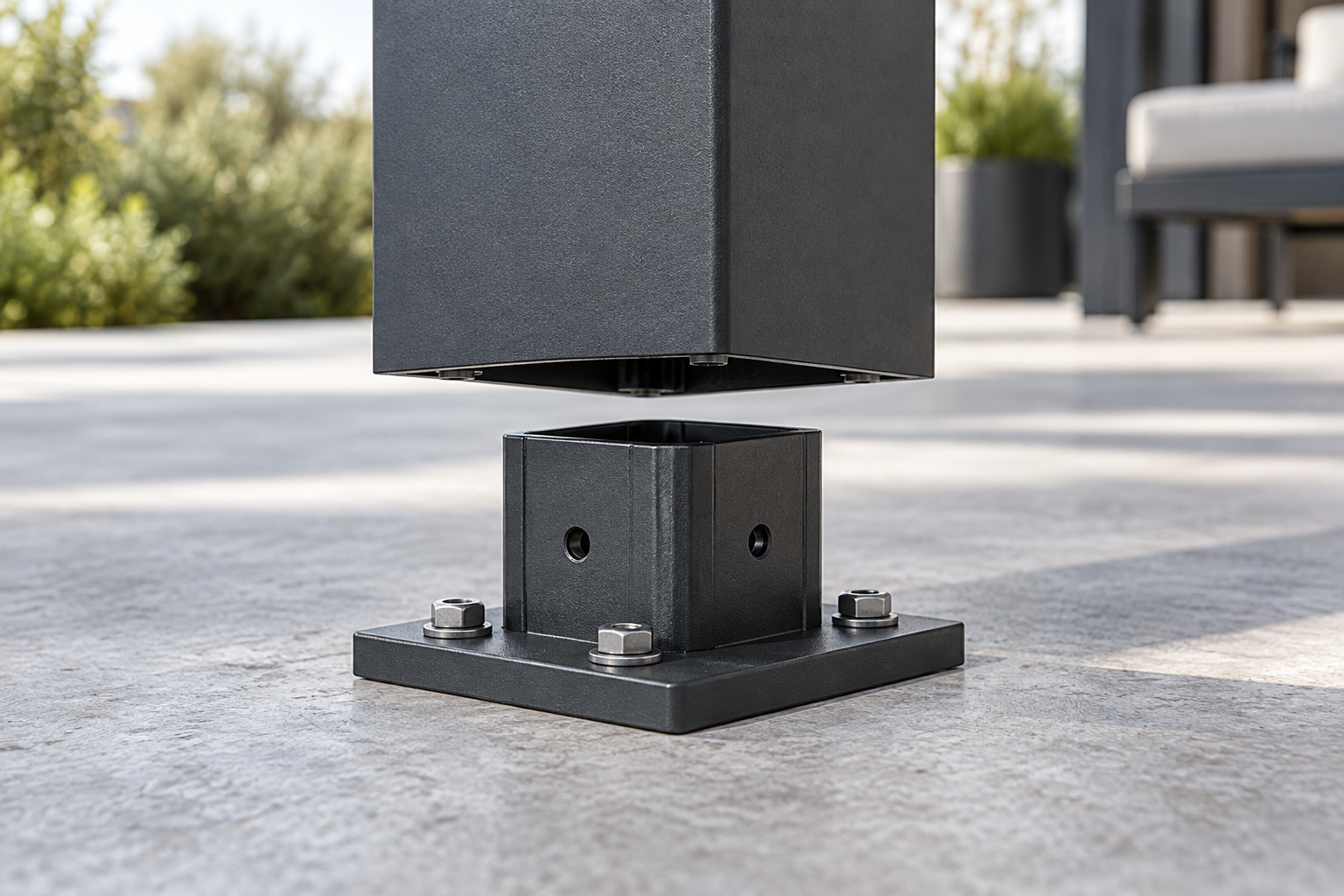 Illustrative exploded view of an internal aluminum pergola post base assembly