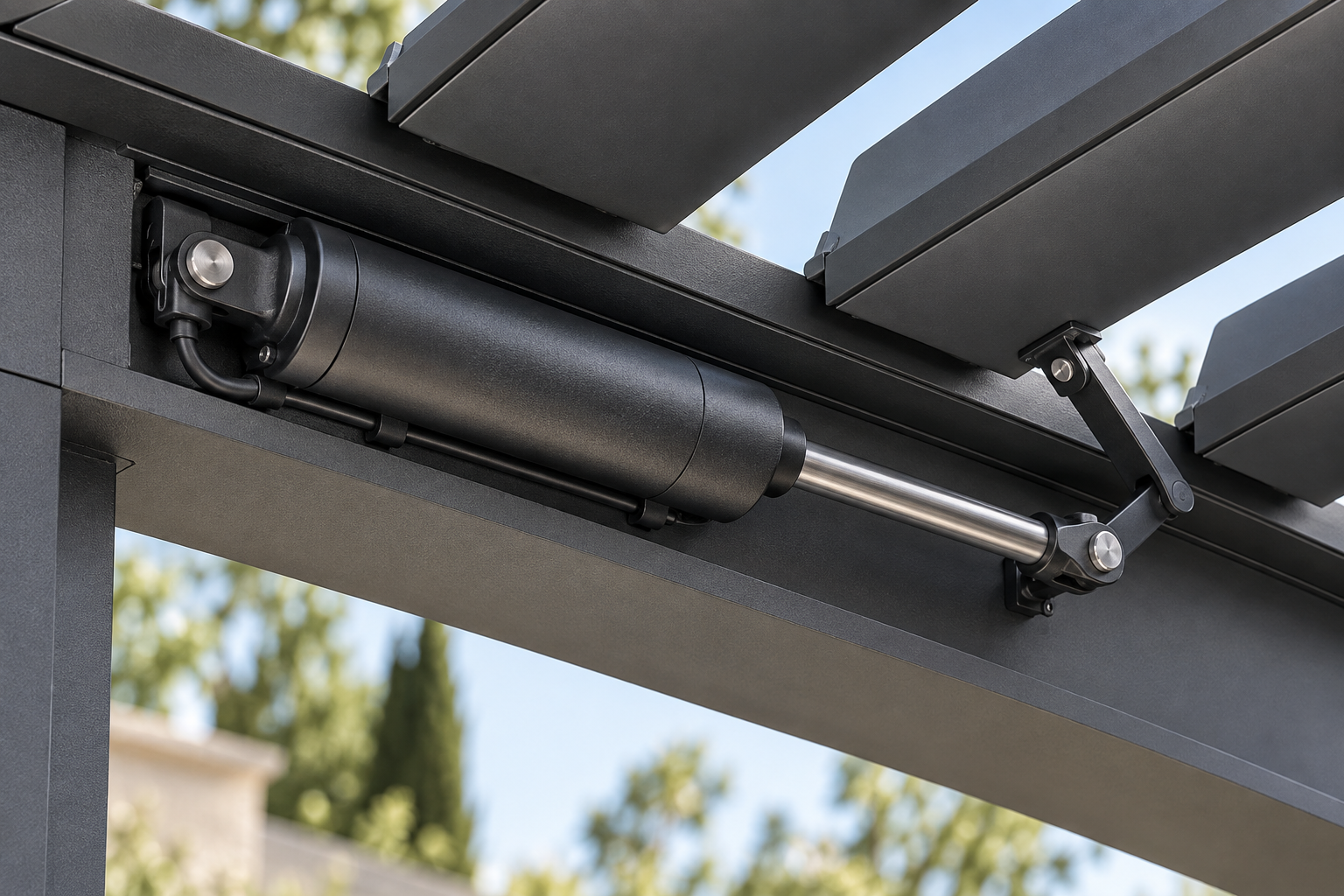 Illustrative close-up of a linear actuator operating pergola louvers