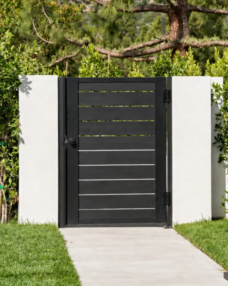 ALU 40 black slat pedestrian gate between white pillars at a garden walkway