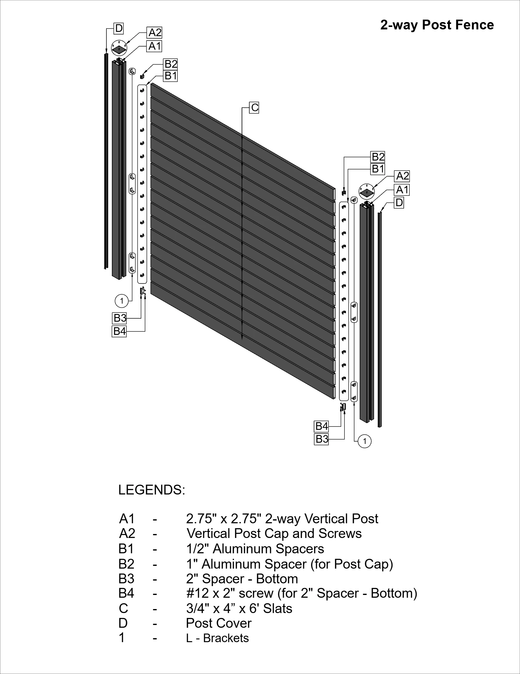 2-way post fence exploded drawing