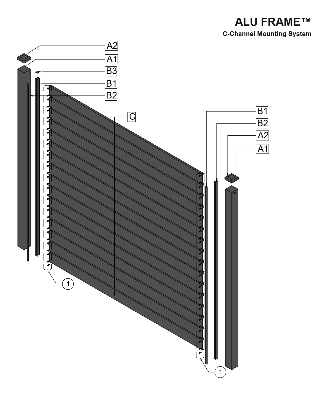 Exploded drawing of the Aluglobus ALU FRAME C-channel mounting system