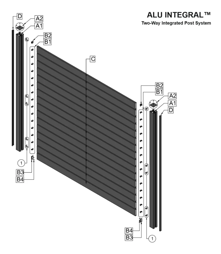 Exploded drawing of the Aluglobus ALU INTEGRAL two-way integrated post system