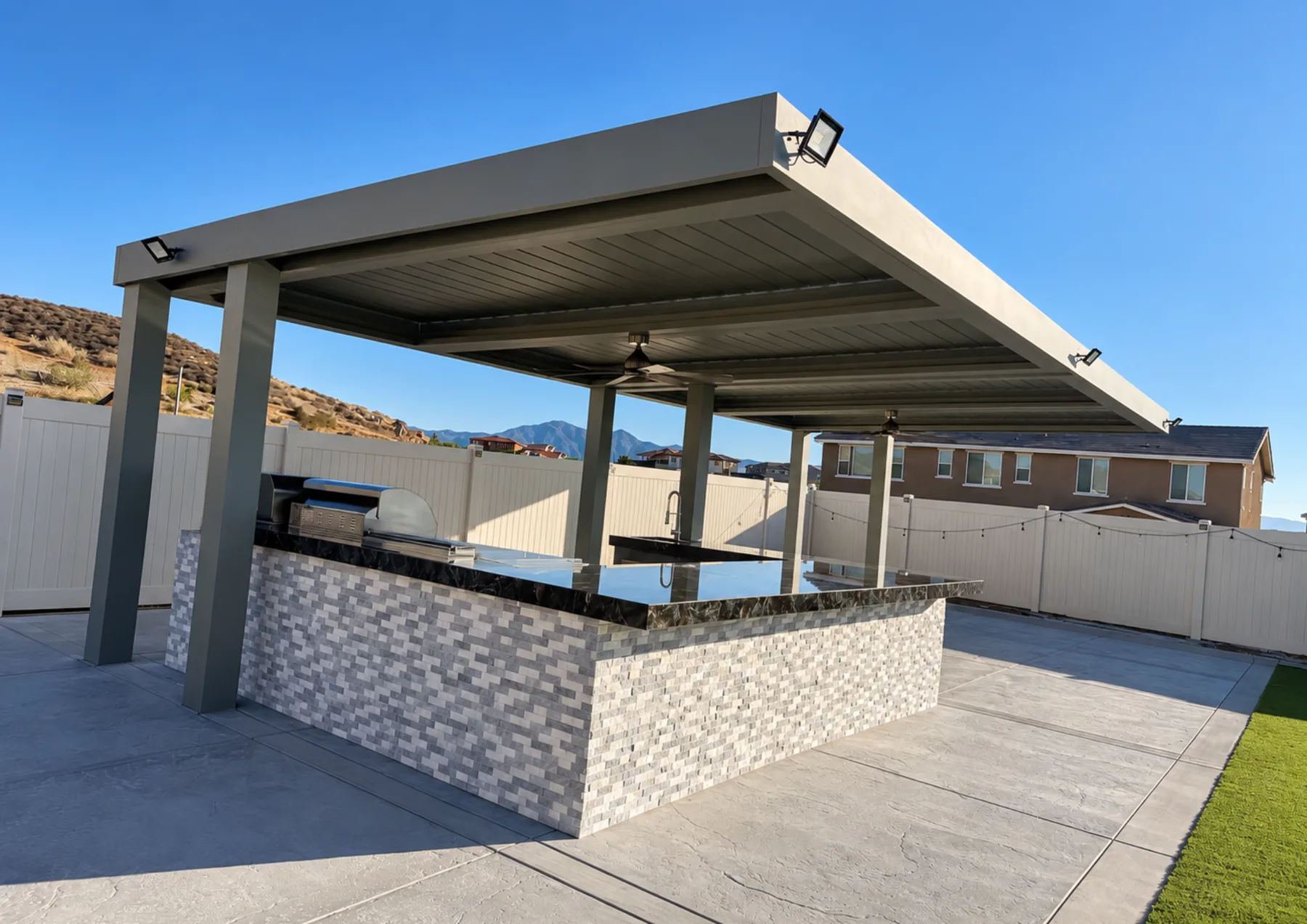 ALU FLOAT cantilever patio cover reaching out without front posts