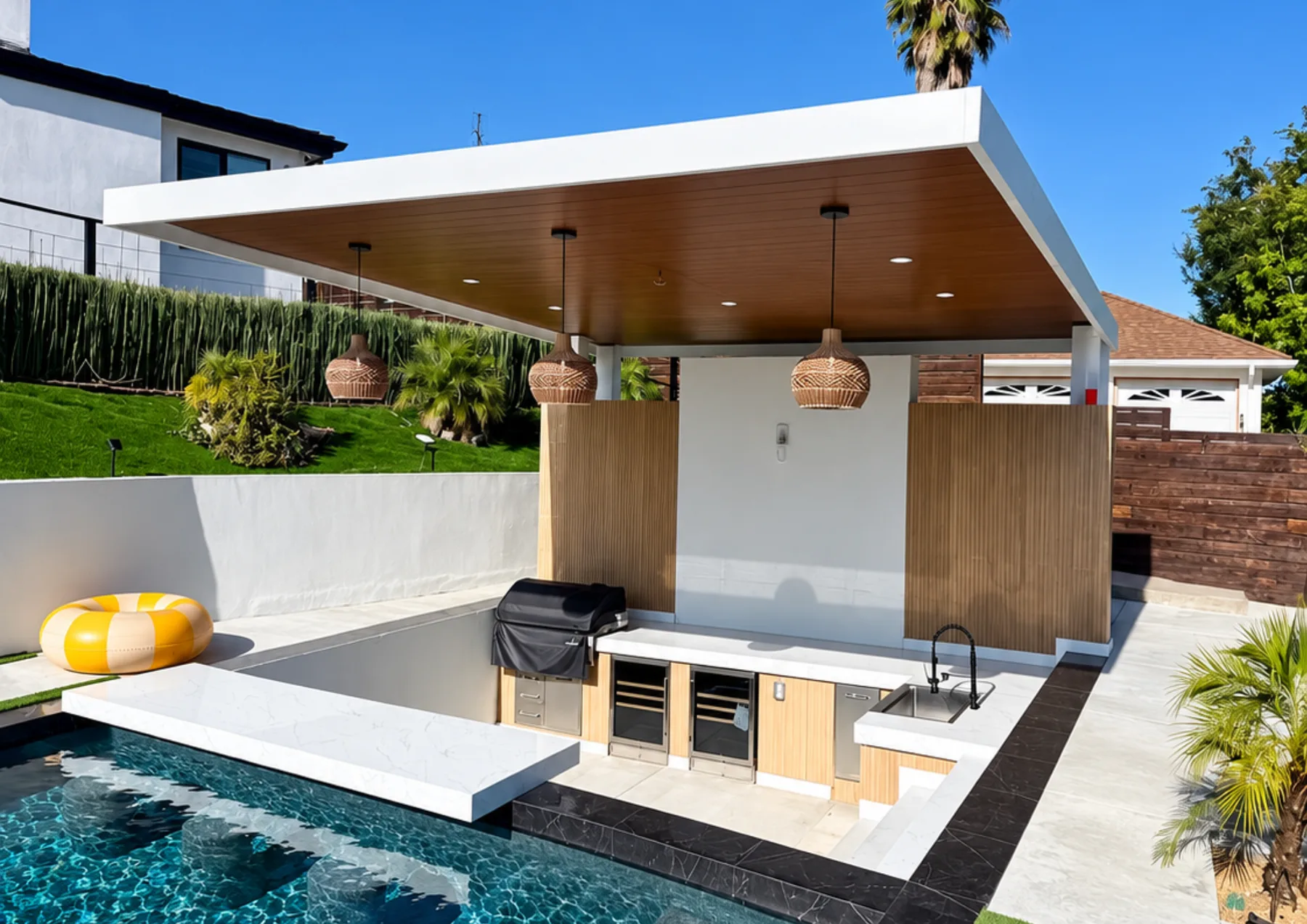 ALU FLOAT cantilever insulated patio cover over a pool area