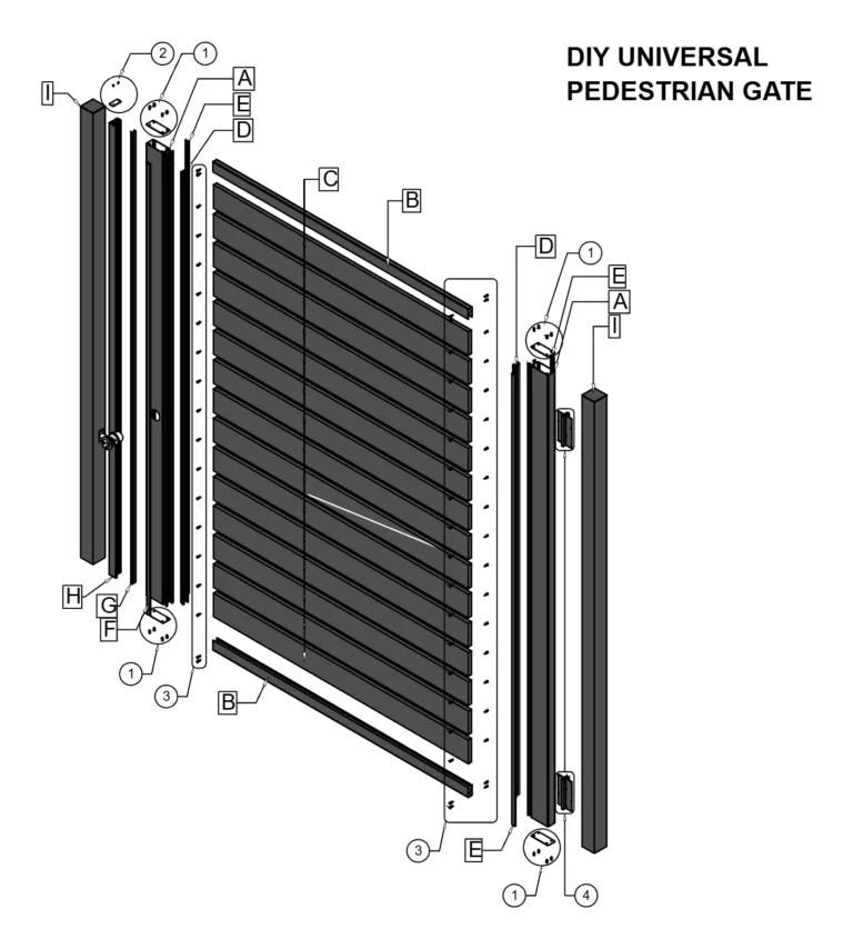Exploded drawing of the Aluglobus DIY Universal pedestrian gate