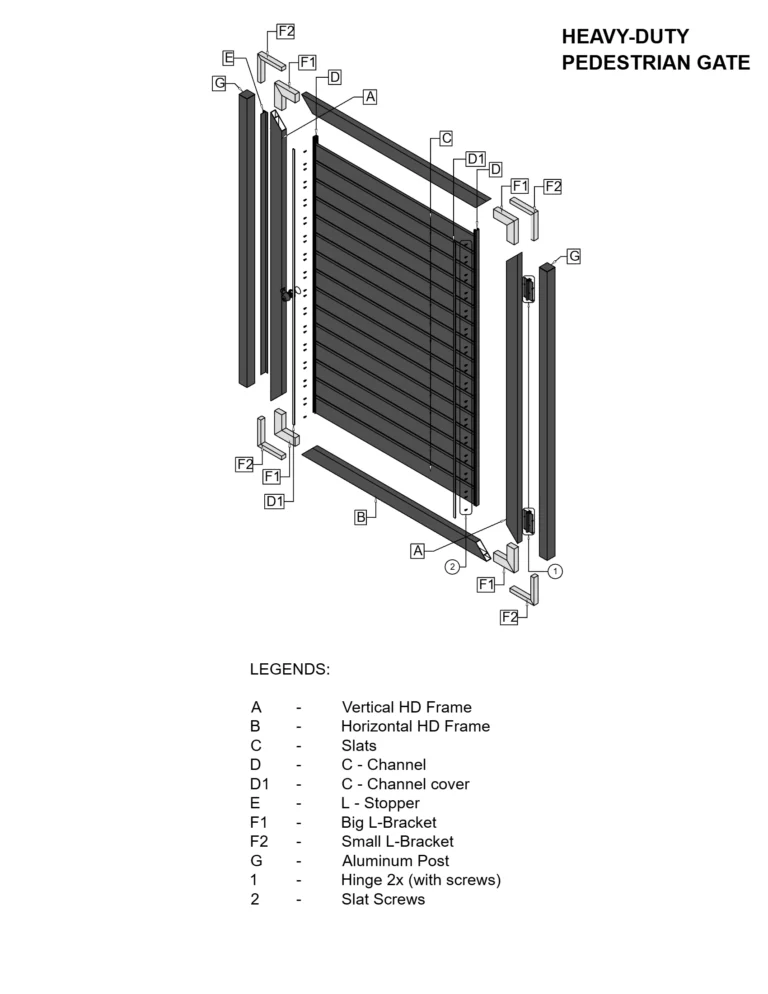 Heavy-duty pedestrian gate exploded drawing