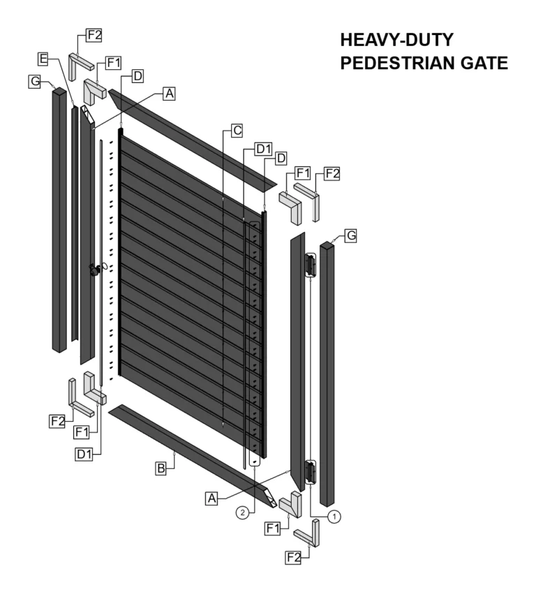 Exploded drawing of the Aluglobus Heavy-Duty pedestrian gate