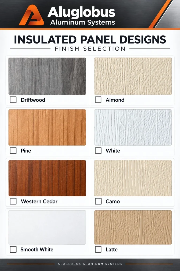 Aluglobus insulated panel designs: Driftwood, Almond, Pine, White, Western Cedar, Camo, Smooth White and Latte