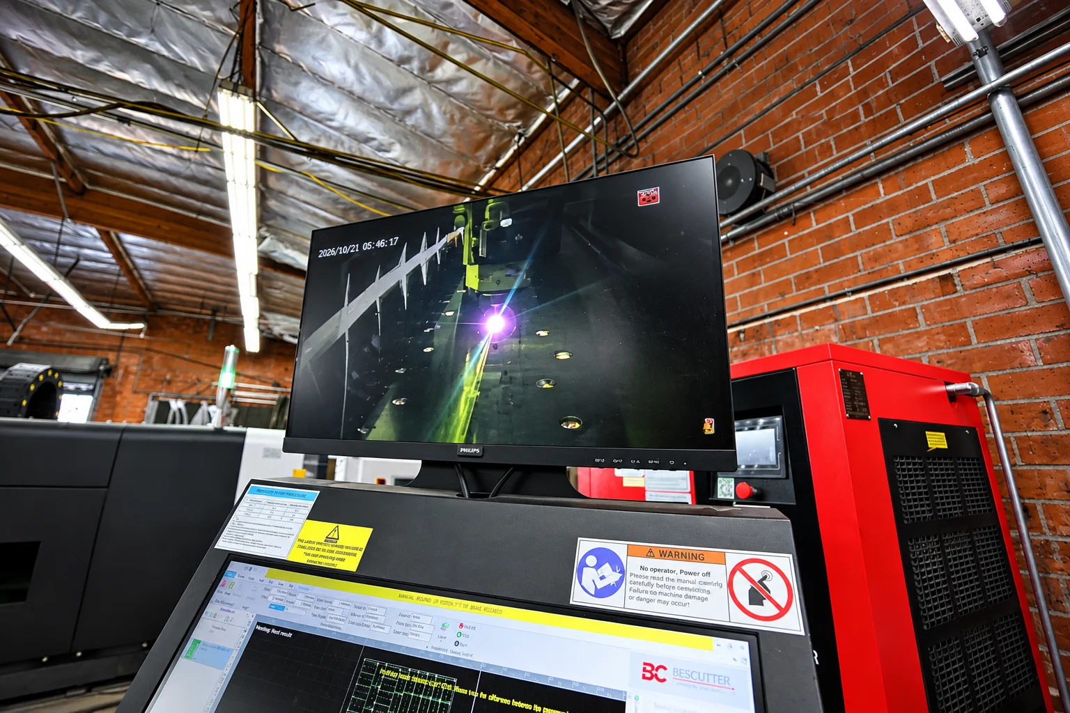 Laser cutter control station and live cutting camera in the Aluglobus U.S. machine shop
