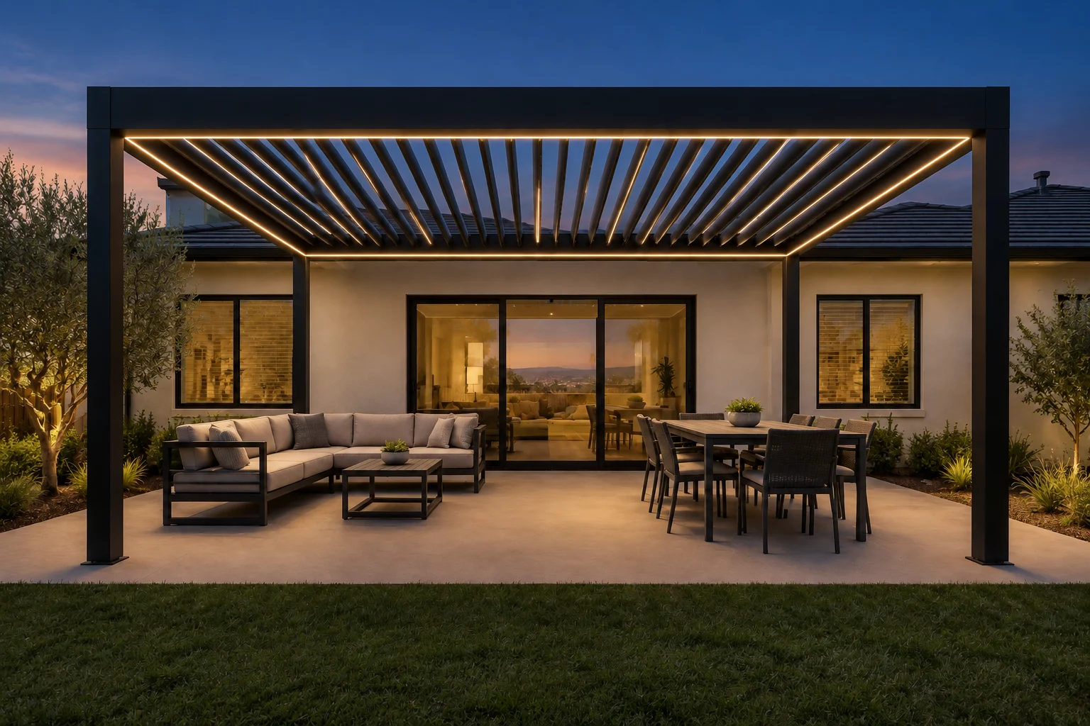ALU FLEX DIY louver kit, product preview at dusk with LED lighting in the beams and louvers
